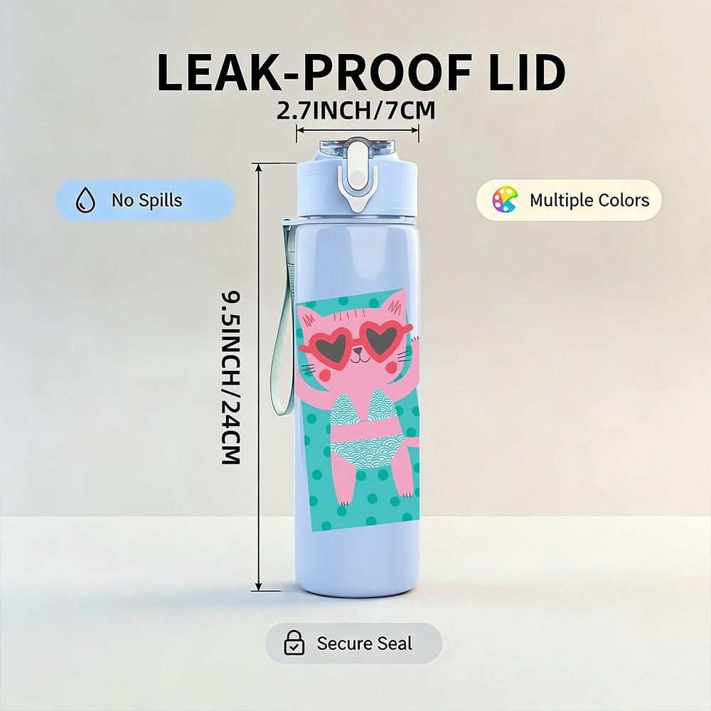 1PC Pink Phone Cartoon Pattern 750ml Color Plastic Sports Water Bottle Leakproof Flip Straw Lid Suitable for Sports Office Home Use