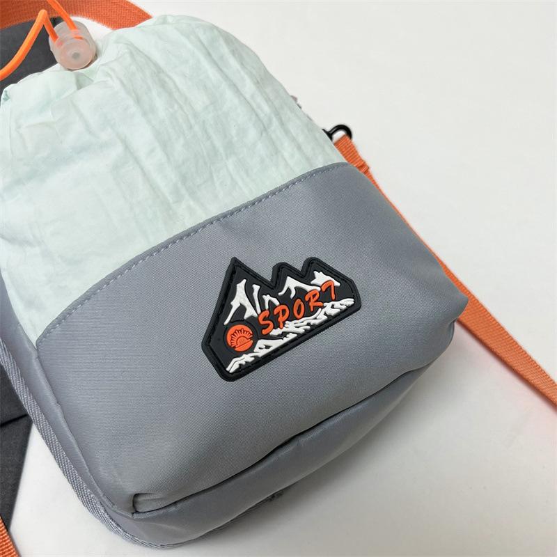 Color‑Block Drawstring Bucket Crossbody Bag, Nylon Sport Mini Handbag, Mountain Patch Decor, Detachable Adjustable Strap, Outdoor Casual Shoulder