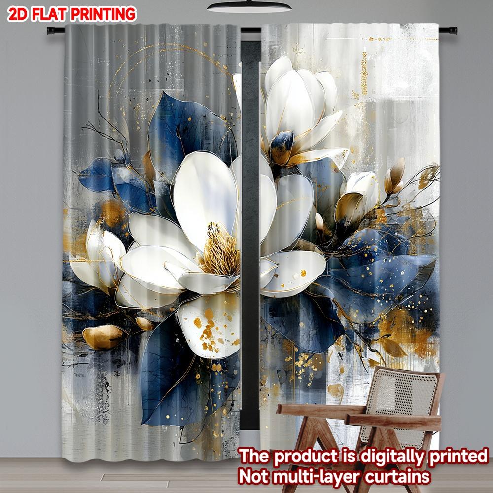Blue White Floral Curtains Digital Printing Large Blossoms Golden Centers Dark Leaves Bedroom Decor Curtain Set Of 2 Elegant Made Polyester Washable