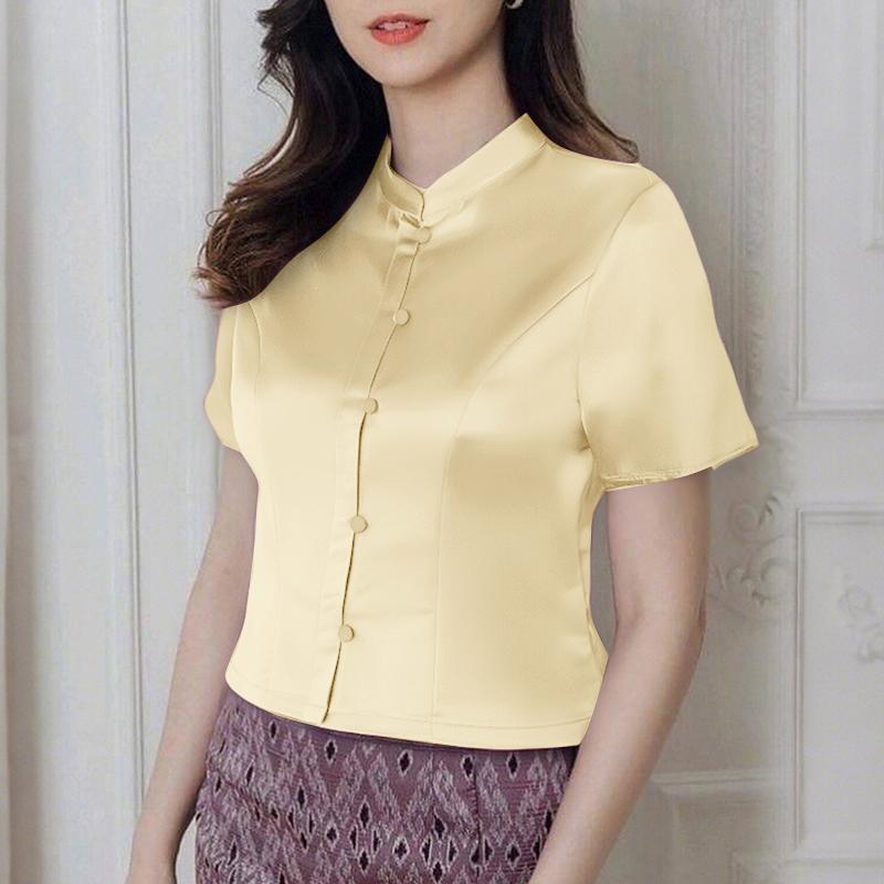 ZANZEA Dámská letní ležérní saténová halenka se stojáčkem a krátkým rukávem