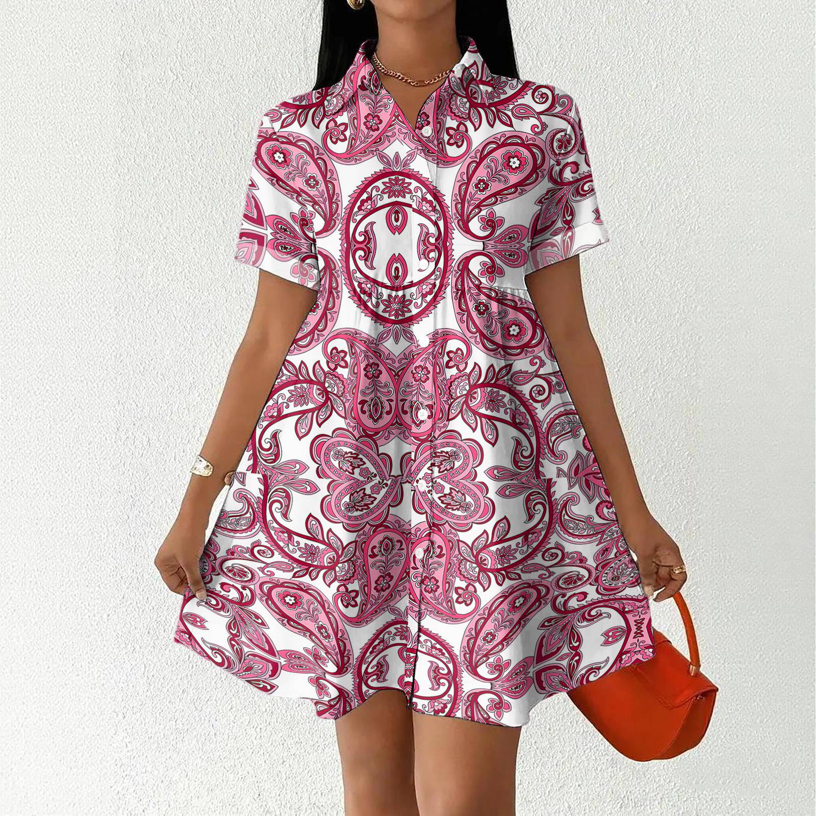

Casual Loose Fit Shirt Dress with Button Front and Stand Collar Short Sleeve Lightweight Summer Dress for Women XXL рожевий