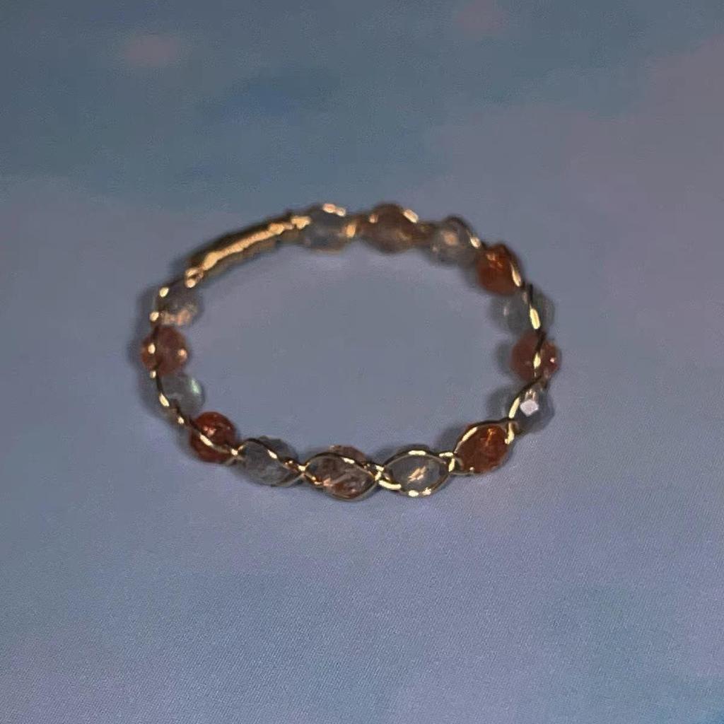 Natural Sunstone & Moonstone Woven Women's Ring, 14k Gold Filled