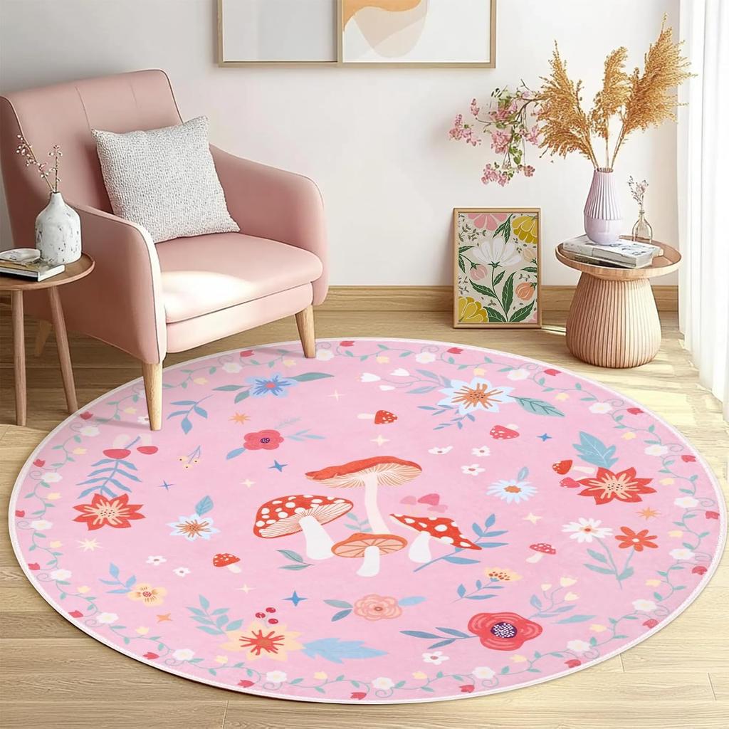Floral Round Rug, Non-Slip Low Pile Floor Mat for Living Room or Bedroom, Kids' Room Friendly