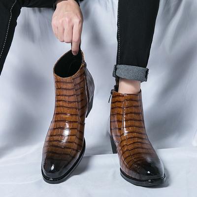 Klasické hnědé pánské společenské boty Elegantní špičaté boty na vysokém podpatku pro muže Britský styl Kožené vysoké šněrovací boty na zip Pánské kotníkové boty