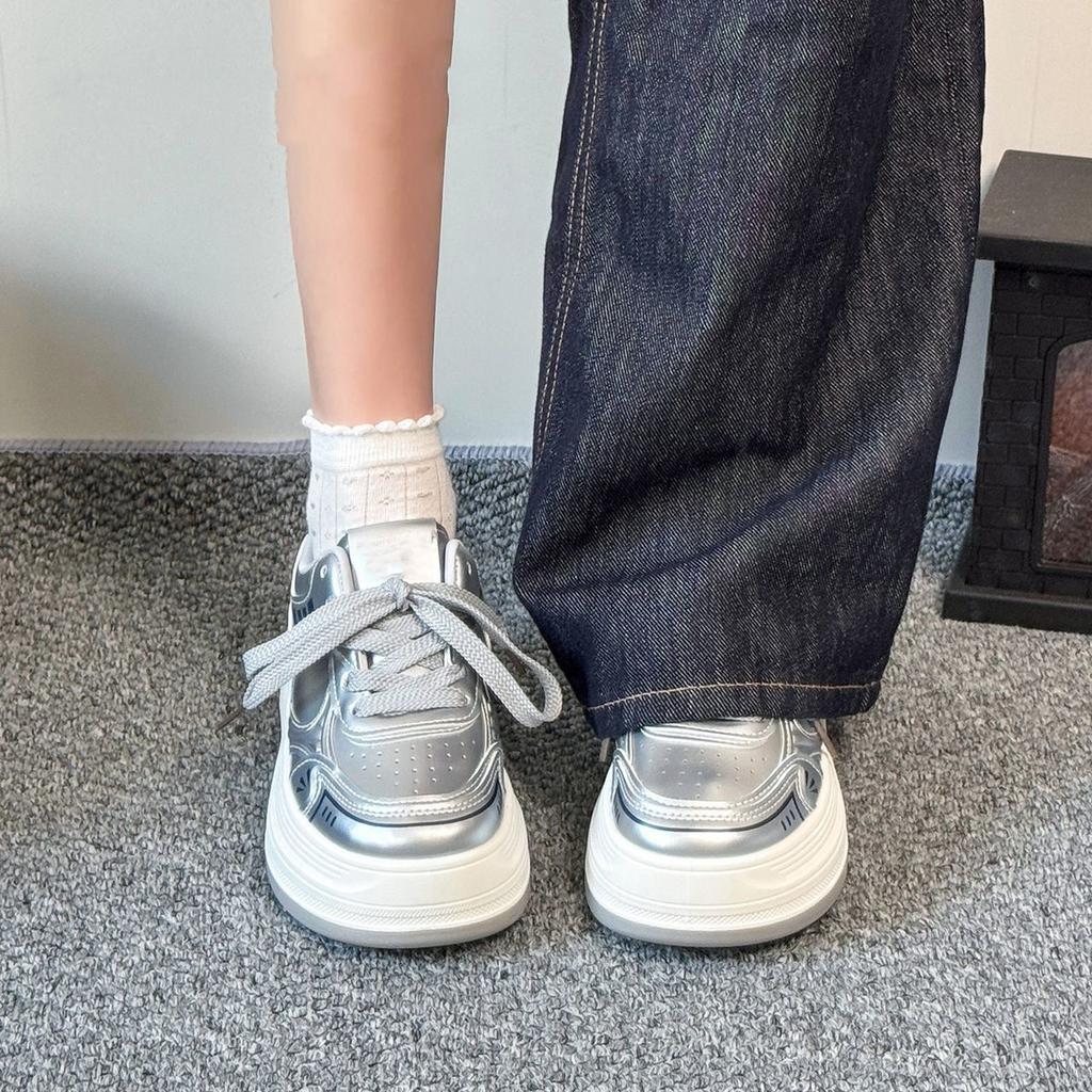 Super moi cu talpă groasă argintii versatili casual toamnă suprafață din piele respirabili modă rezistenți la uzură pantofi cu platformă muffin femei