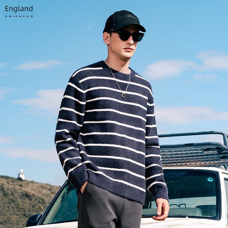 

Injall Lun Winter Comfortable Stripes Pullover Sweater Men s Loose Knitwear round Neck American Casual Long Sleeves Tops Dark gray 3XL