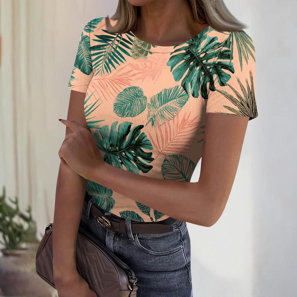Women's Casual Fashion Round Neck Hawaiian Print Short Sleeve Ribbed Top