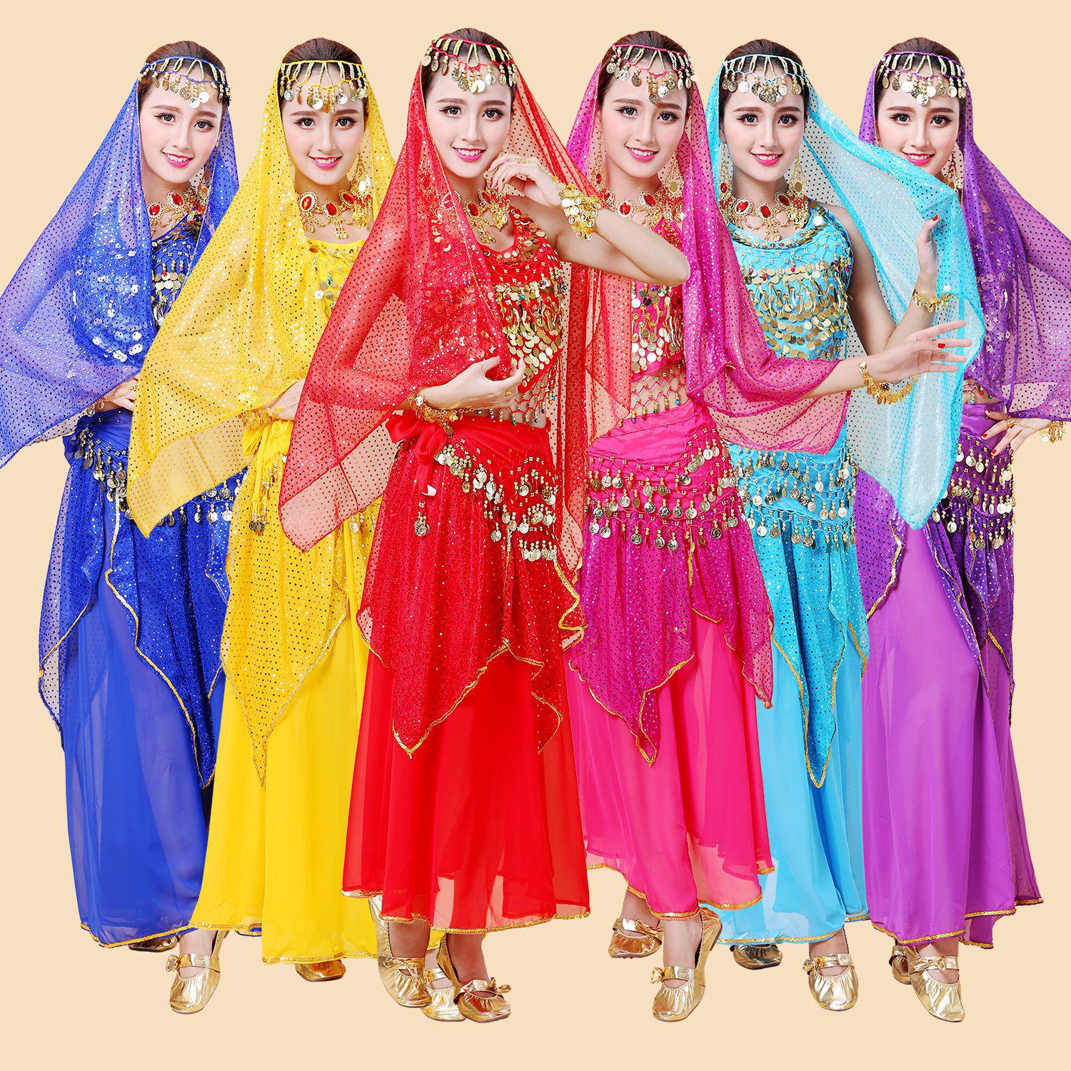 

Indian Dance Performance Costume Set: Summer Skirt, Belly Dance Band, and Sequined Highlights Medium (90-140 jin)