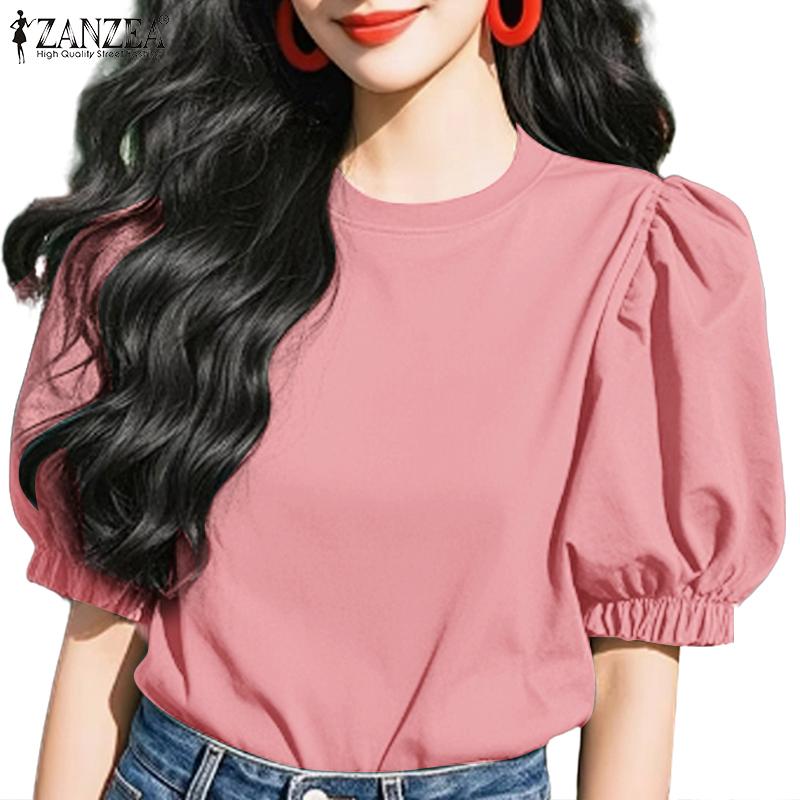 ZANZEA Women Casual Round Neck Solid Color Summer Short Sleeve Blouse