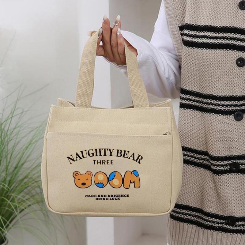 Cartoon Niedlich Einzelner Bär Gedrucktes Muster Canvas Große Kapazität Bento-Tasche Büroangestellte Lunchtasche Handtasche