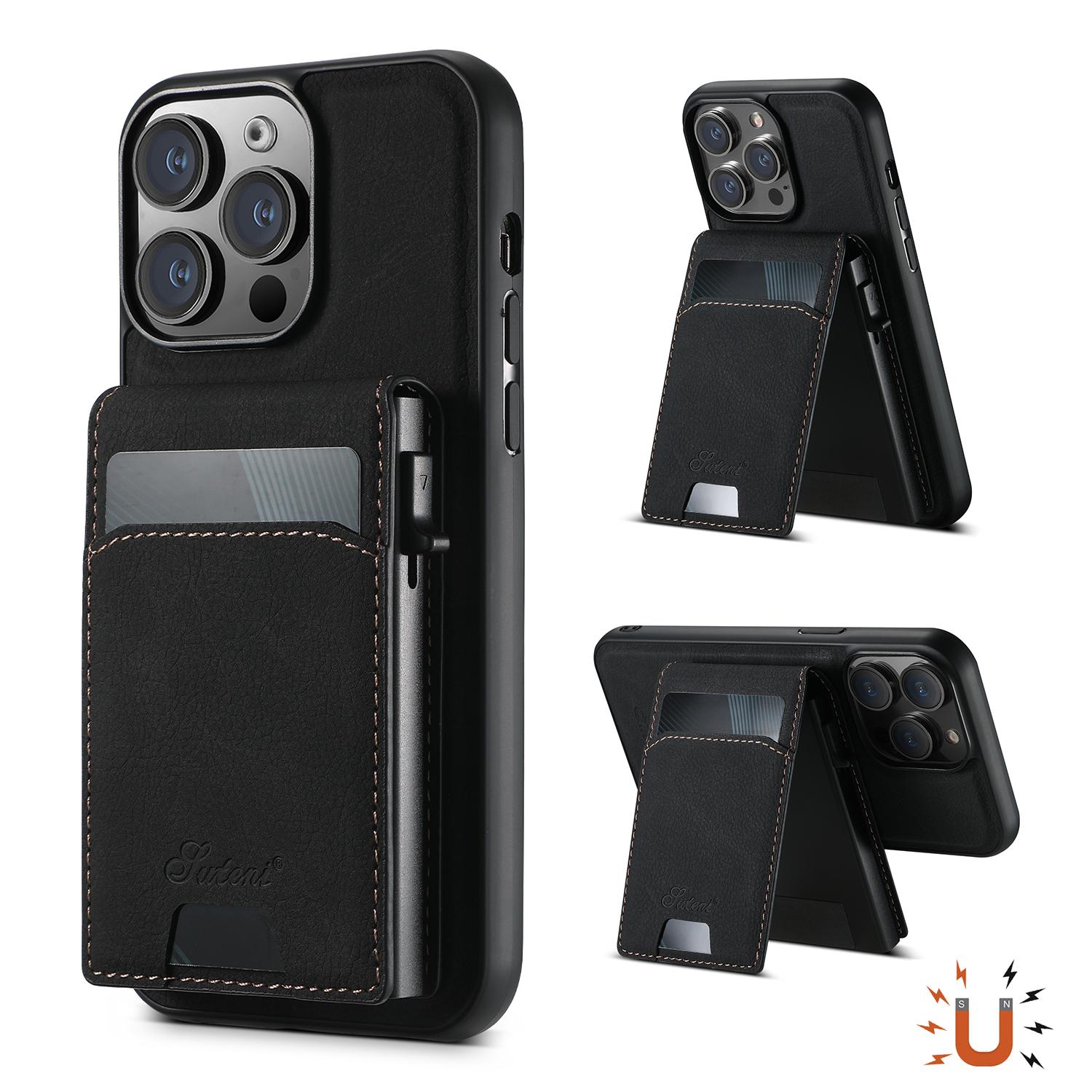 

SUTENI H19 For iPhone 15 Pro Max Magnetic Case Card Holder Kickstand Litchi Texture Leather Back Cover Black