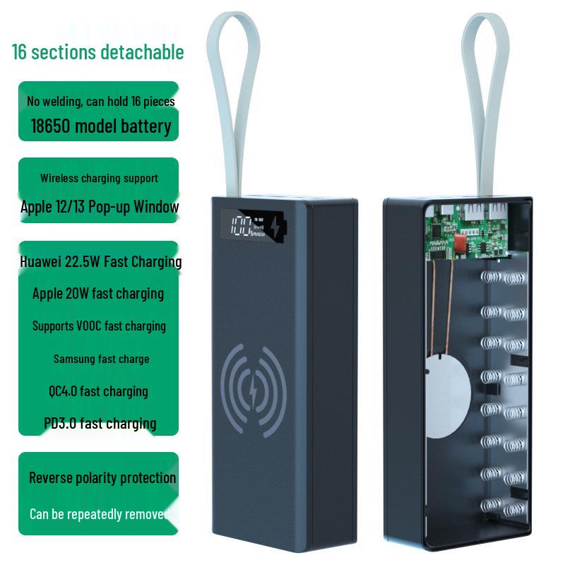 16-Slot DIY Removable 18650 Battery Power Bank with Fast Wireless Charging