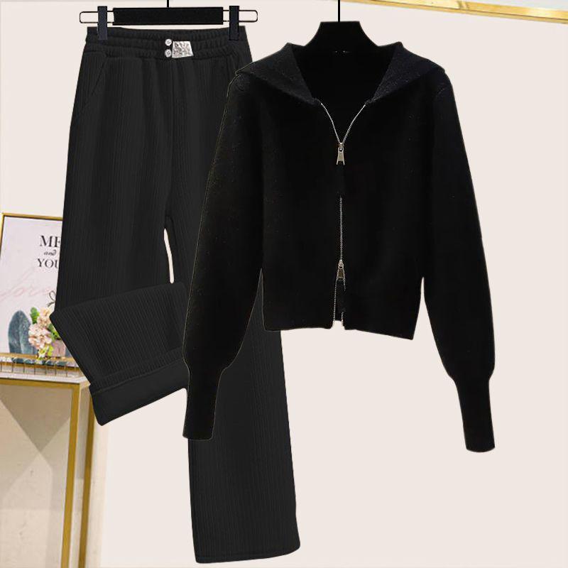 Sweet Autumn & Winter Women's Double Zipper Hooded Knitted Sweater Set