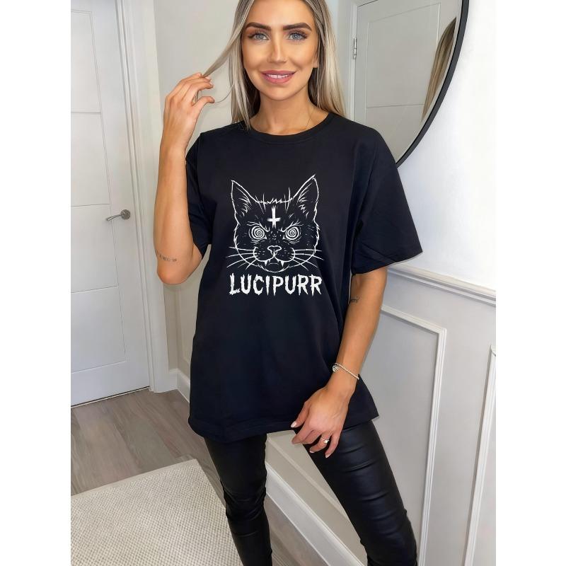 Camiseta Oversize Gato Negro Con Cruz Y Texto Lucipurr Estampado Streetwear Casual Para Mujer
