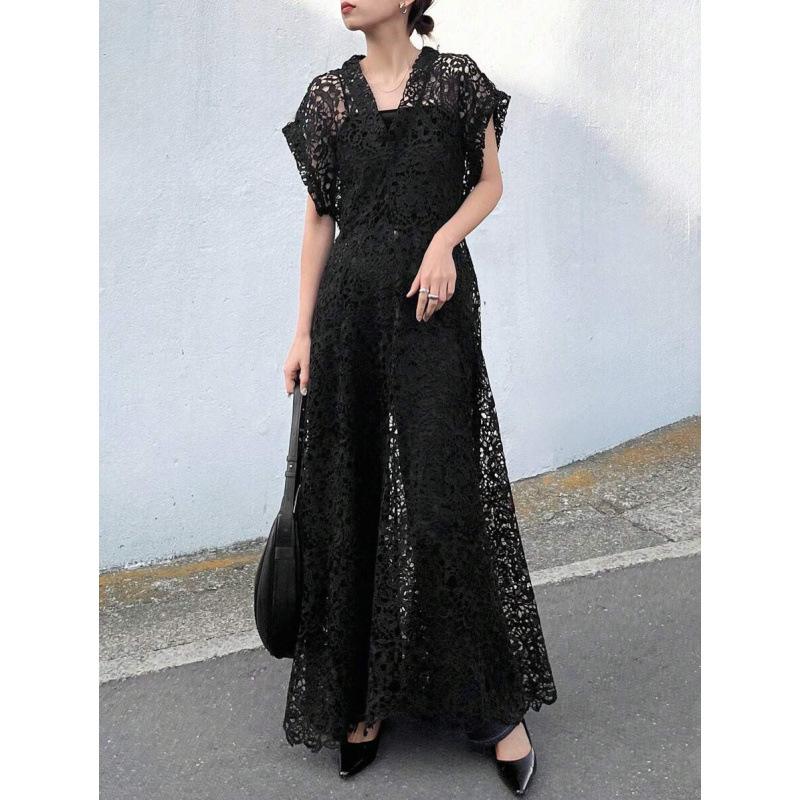 European summer vacation wind beach black perspective lace V-neck waist long dress women S чёрный