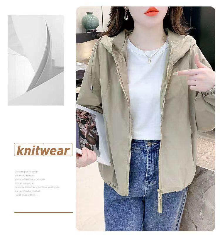 Women's Petite Solid Color Hooded Windbreaker - Loose, Double Zipper, Casual Jacket for Spring and Autumn