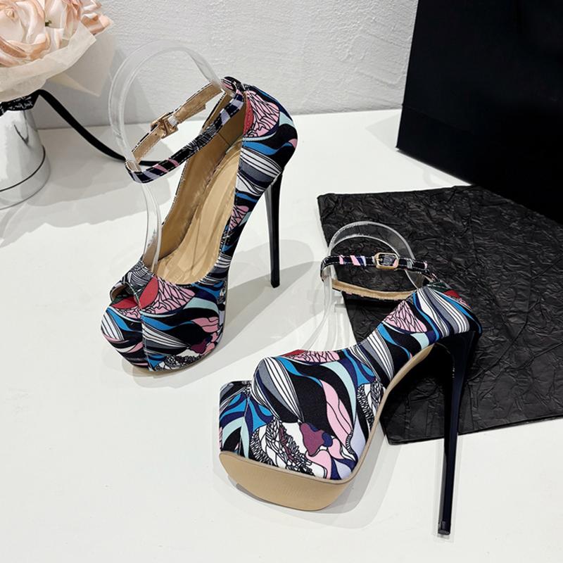 Fashion Liyke Fashion Design Hand-Painted Leather Platform Pumps Women Slingback Sandals Sexy Peep Toe High Heels Strip Pole Dance Shoes