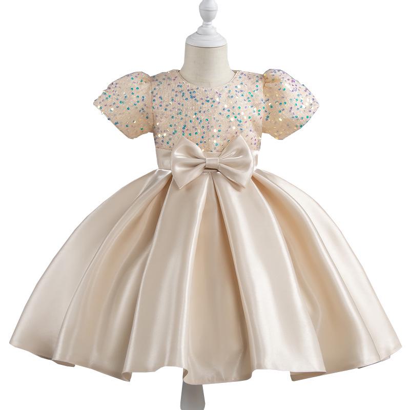 Girls' Sequin Satin Short Sleeve Evening Dress - Puffy High-End Birthday Costume