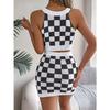 HNXC Spring Summer Color-blocking Checkered Crop Top, Hip-hugging Skirt, Knitted Suit Women's Wear