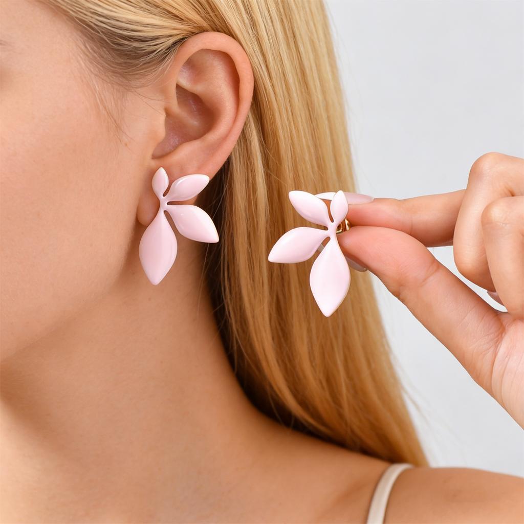 Elegant Pink Green Enamel Leaf Shaped Stud Earrings for Women Girls, Dainty Fashion Personality Design Stainless Steel Jewelry