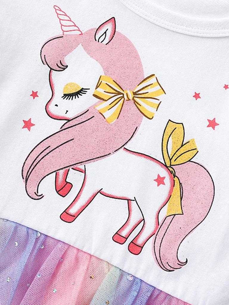 Rainbow Unicorn Print Kids' Mesh Dress - Short Sleeve, Spring/Summer