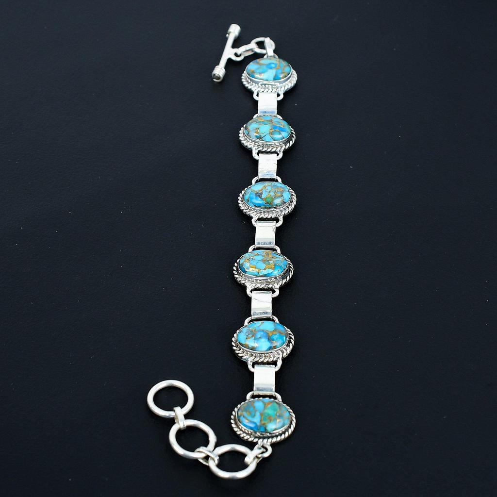 Blue Copper Turquoise Bracelet 925 Sterling Silver Bracelet Adjustable Chain Bracelet Handmade Boho Bracelet Gemstone Jewelry Birthday Gifts