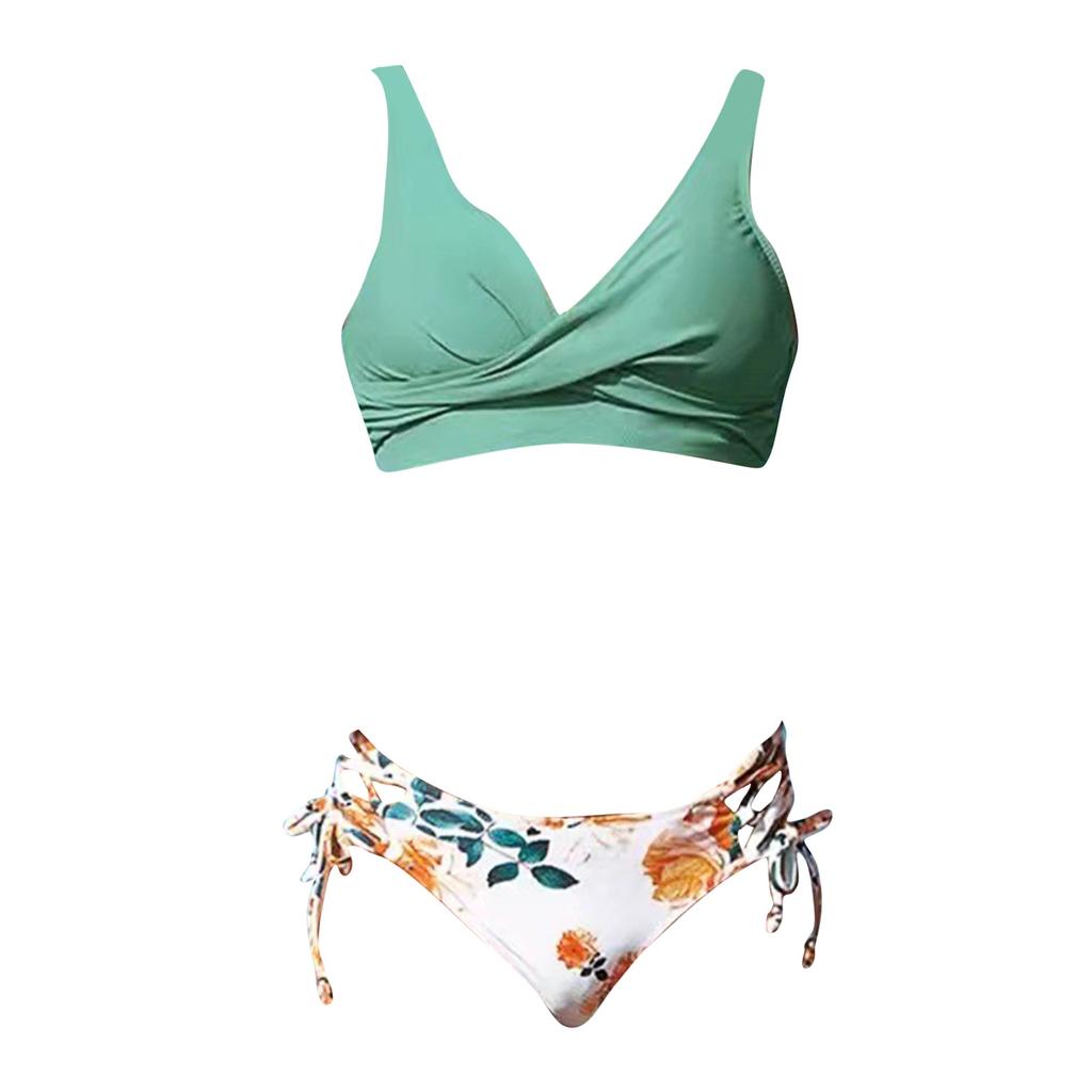 Two Piece Bikini Swimsuit for Women Floral Print High Waist Bottoms Sleeveless Crop Top Swimwear Set with Adjustable Ties