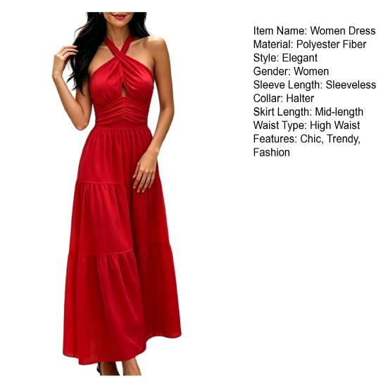 Women's Sleeveless Halter Maxi Dress Crisscross Ruched Backless Tiered A-line Swing