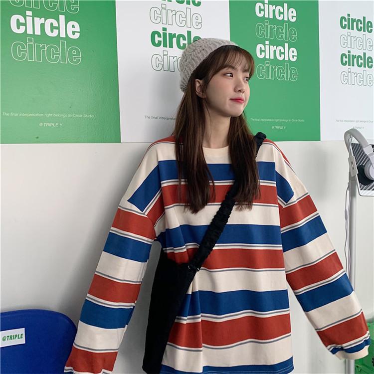 Women Striped Crew Neck Sweatshirt Oversized Loose Long Sleeve Pullover Top Casual Harajuku Style Student Blouse