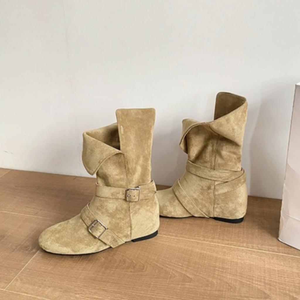 Seoul Inspired Round Toe Motorcycle Boots Women Metal Bule Velvet Surface Knight Sle Mid-Calf Flat Heel Booties Hight Top Shoes