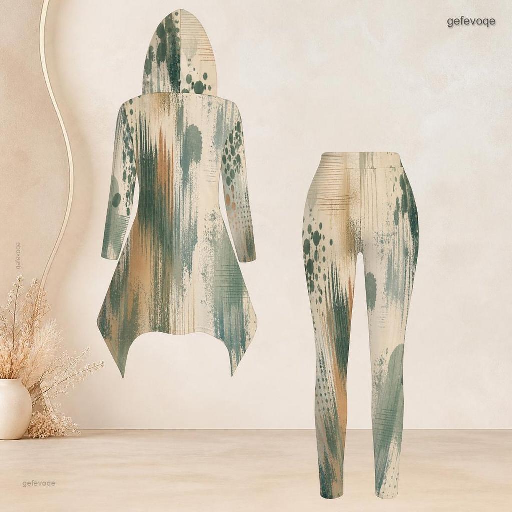 Women Plus Size Geometric Printed Two Piece Set Hooded Long Sleeve High Low Top Fitted Pants