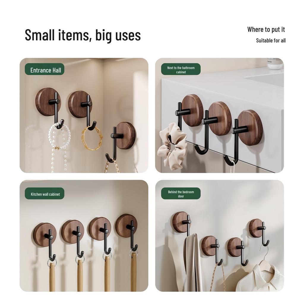 Walnut Solid Wood Door Hook, Nail-Free Wall-Mounted Clothes Hanger for Bedroom Decor