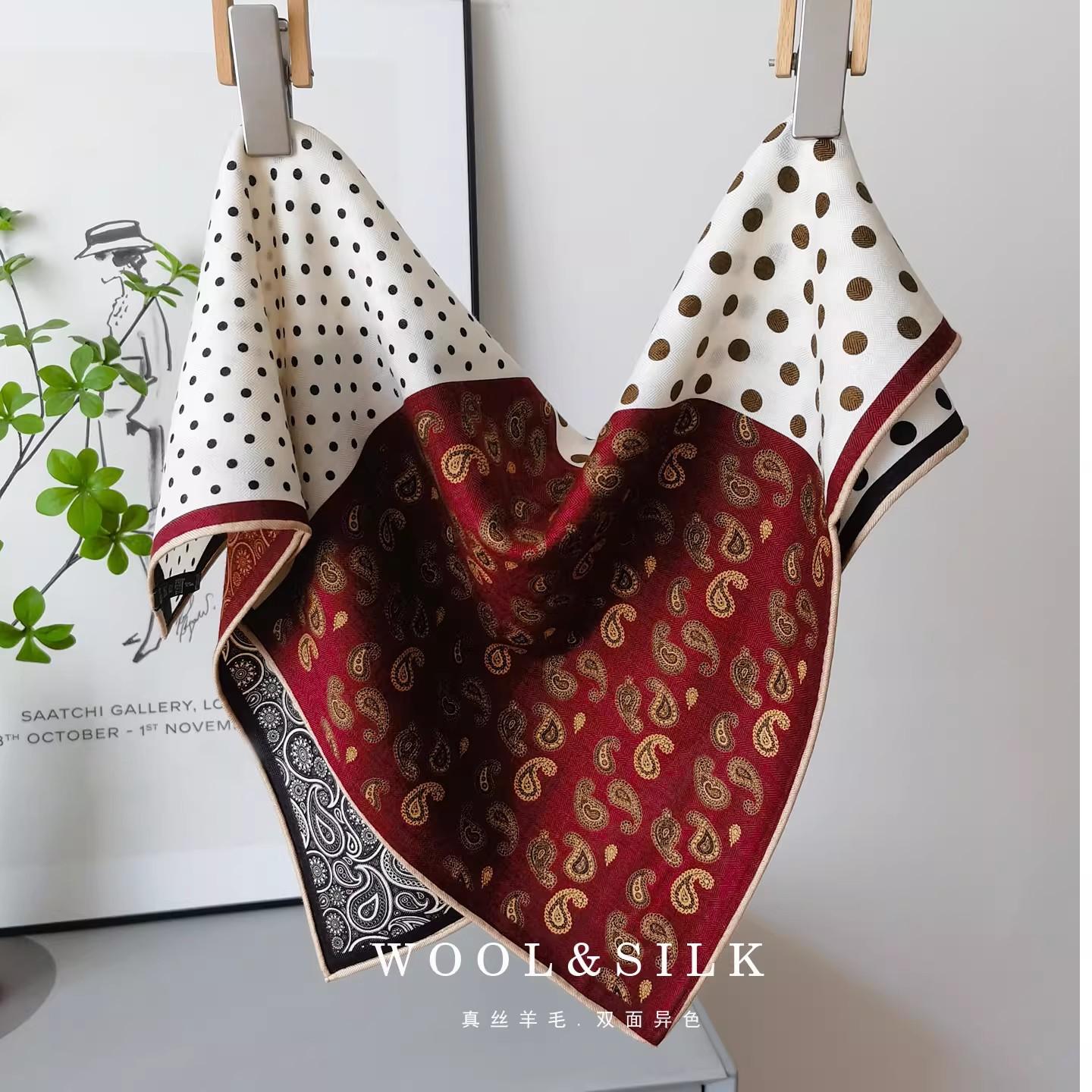 Double-sided heterochrome simple classic silk wool scarf silk scarf 63cm neck protection with warm silk wool shawl scarf 63cm