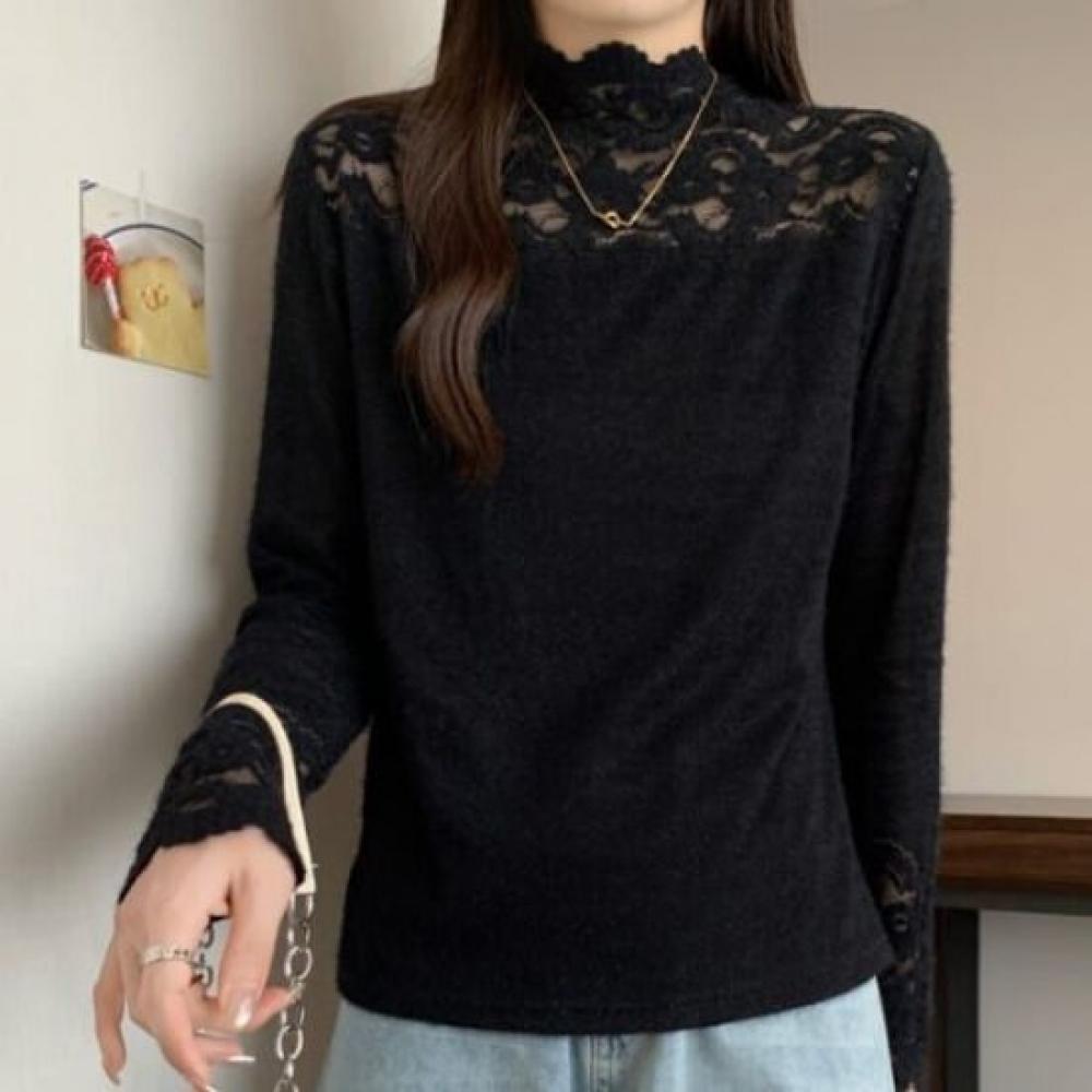 Navava Lace Inner VelveT Fleece Half Zip Long Sleeve T shirT nT3123
