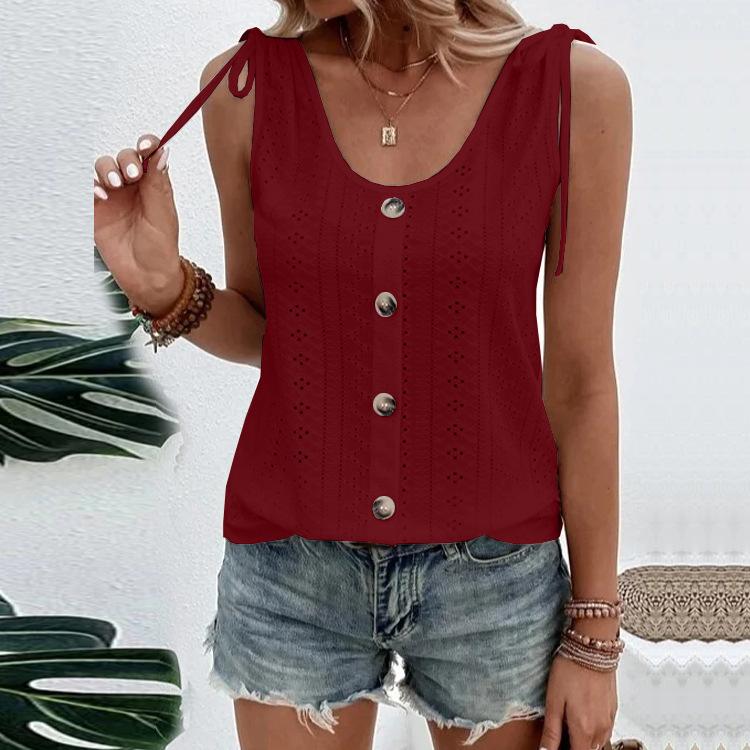 Summer Women's Vest Casual Round Neck Tie Button Tank Top Sleeveless Top