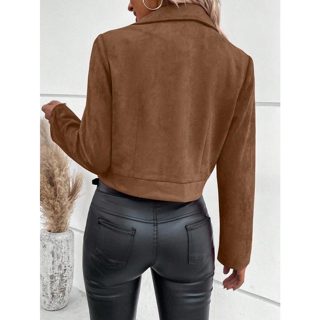 Wiosenna i jesienna kurtka damska krótka z klapami zapinana na zamek kurtka zamszowa krótka kurtka damska