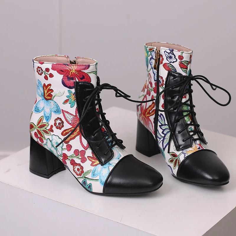 Sweet Women Ankle Boots Pink Red White Flower Print High Block Heels Casual Party British Lady Lace-up Winter Plush Short Boots