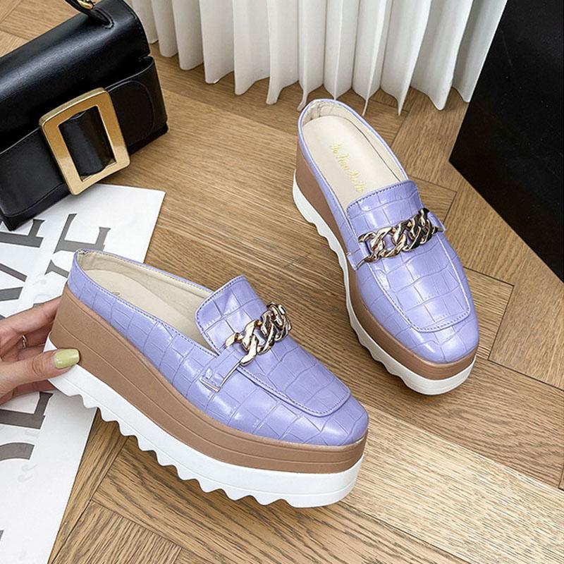 Women's Platform Mules Thick Soles Wedges Heel Fashion Slippers Casual British Leather Shoes 7cm High Heels Clogs Flatform Shoes