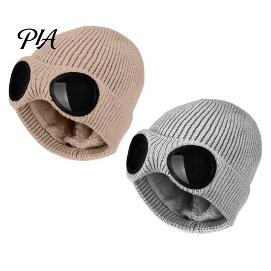 Warm Hat for Most Head Sizes 2Pcs Fleece Lined Hats with Goggles, Winter Knit Casual Accessory Outdoor Activities Hats, Windproof Skiing Caps