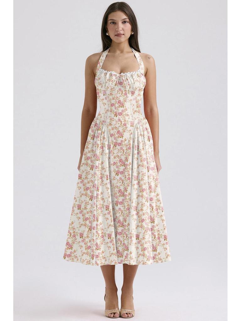 2025 European & American Style Summer Slim Spaghetti Strap Printed Halter Lace Dress