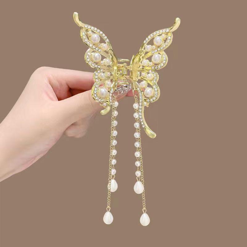 Exquisite Rhinestone Butterfly Fringe Hair Claw Clips Korean New Ponytail Braid Pearl Hairpin Girl Crab Metal Headdress