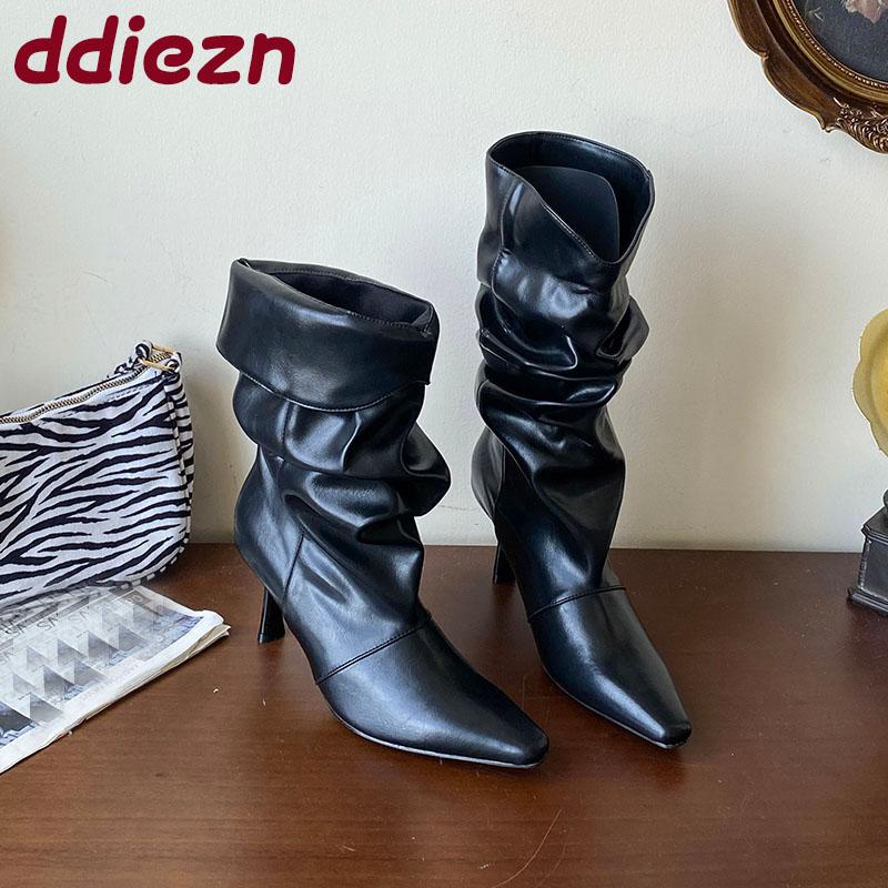 Fashion Fashion Pleated Ladies Modern Boots Shoes Thin Heels Footwear Pointed Toe Women Short Boots Female Slip On Shoes Pumps