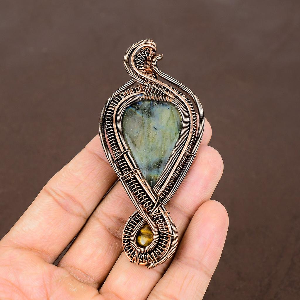Labradorite, Tiger Eye Handmade Copper Wire Wrap Pendant 3.74" s7E55