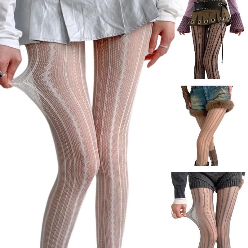 Women Sexy Hollowed Lace Solid Pantyhose Stockings Vintage Rhombus Striped Geometric Jacquard Fishnet Tights Leggings