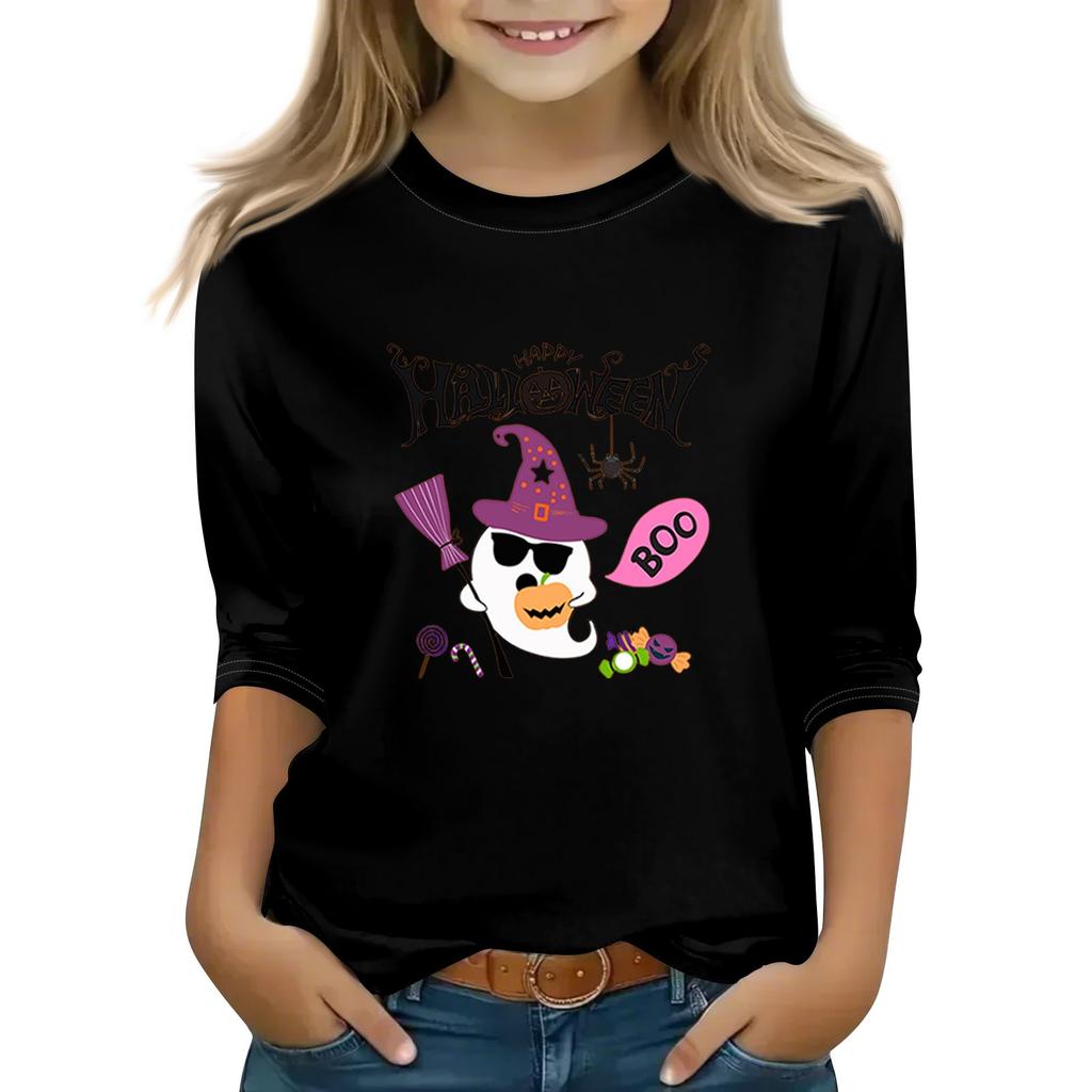 Print Tops For Youth Girls Round Neck 3/4 Sleeves T-Shirts Trendy Tops Outfit Tees