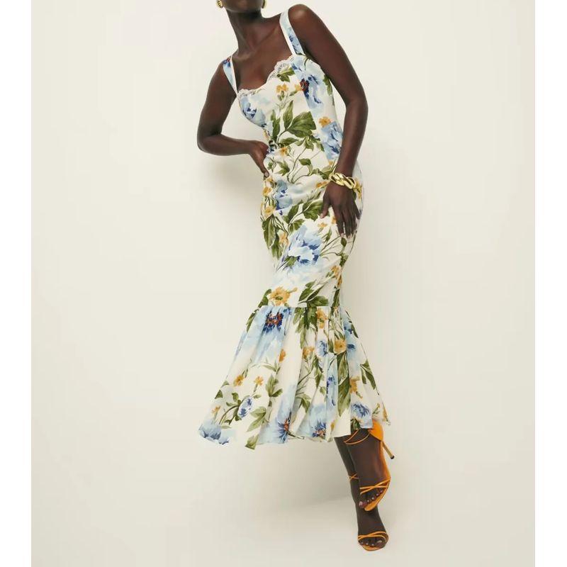 Spring New Arrival Women's Clothing French Vintage Floral Printed Sexy Lace Lace Fake Two-Piece Suspender Dress