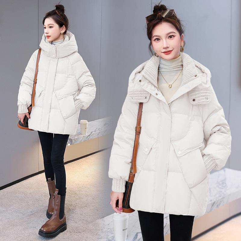 

Женская модная зимняя куртка-пуховик средней длины для миниатюрных - Утепленное пальто из пуха белой утки HR220 M (115-125 lbs) грязно-белый