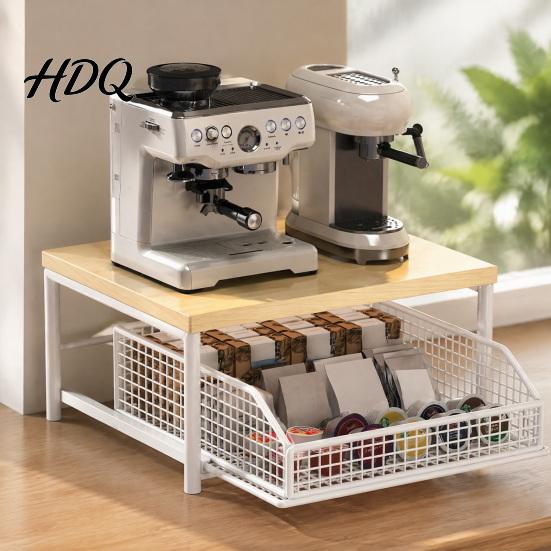 Coffee Capsule Drawer Organizer Maker Storage Rack with Drawer Two Tier Countertop Organizer Wood Kitchen Counter Top And Metal Basket Holder