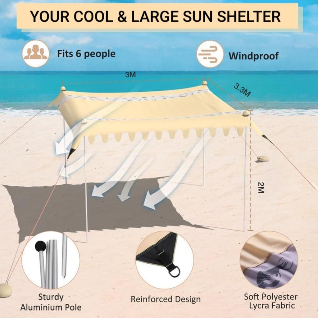 VILLEY Tarp Beach Tarp Beach Sunshade Beach Tent for 4 To 6 People Tarp Tent with 4 Poles UV Protection UV Cut Shading Ventilation Sun Shade Sun