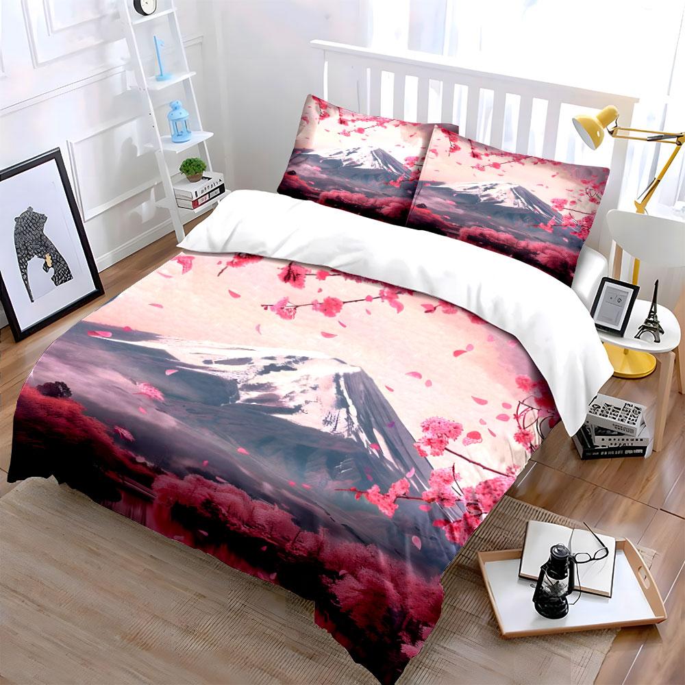 Cherry Blossom Mountain Art Set Multiple Sizes Kid'S And Adults' Bedroom Exquisite 3Pc Bedding Set, Gift